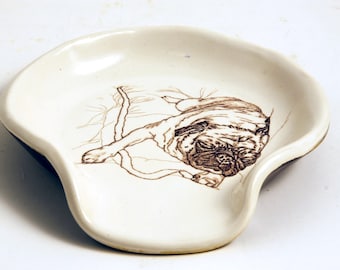 Large Handmade Stoneware Spoon Rest in White and Rich Brown with a Snoozing Pug Dog