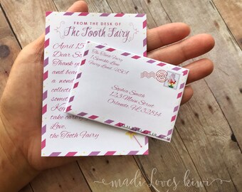 Personalized Girl Tooth Fairy Letter Kit, Printable First Lost Teeth Note Set Envelope Template PDF Gift Cards From Digital Download Pink No