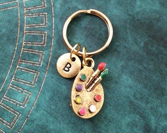 Paint Palette Keychain, SMALL Paint Keychain, Personalized Keychain, Painter Gift, Artist Keychain, Artist Gift, Gold Paintbrush Keychain