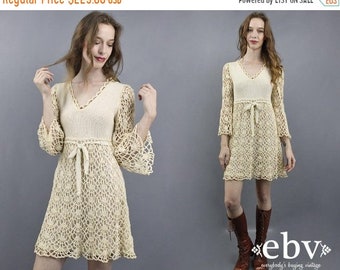 Crochet Dress Bell Sleeve Dress Hippie Dress Hippie Wedding Dress Hippy Dress 70s Mini Dress 1970s Dress Babydoll Dress Festival Dress XS S