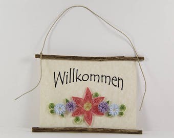 Willkommen, German Welcome, Paper Quilled German Welcome Sign, 3D Quilled Banner, Paper Flower Decor, Pink Purple Blue Decor, Germany Gift