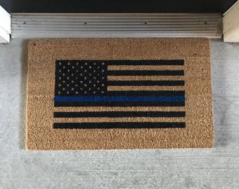 Blue Line Doormat | Back the Blue Door Mat | Decor | Police Officer | LEO Family | Blue Lives Matter | Law Enforcement | American Flag Rug