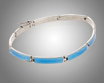 blue guilloche enamel sterling line bracelet 7 1/4" long