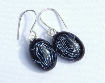MADE TO ORDER - Black and Silver Dichroic Glass Drop Earrings on 925 Sterling Silver Earwires - Fused Glass Jewelry