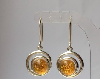 Amber Dichroic Glass Drop Earrings in Silver Plated Circle Setting and 925 Sterling Silver Earwires