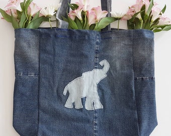 Up-cycled Denim Elephant Tote Bag - Market Bag - beach bag