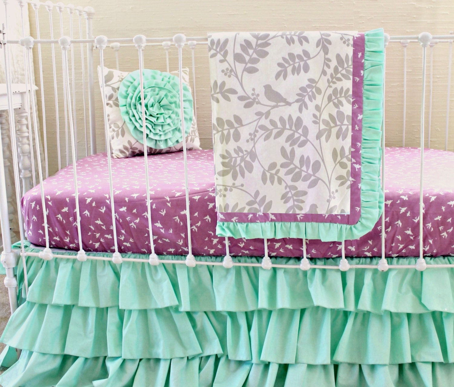 Mint Green Baby Girl bedding purple and mint modern crib