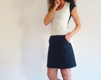 Dress with pockets, short sleeve, navy and white