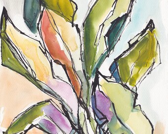 Tropical Floral Foliage Banana Leaves Garden Caribbean Watercolor Painting Print