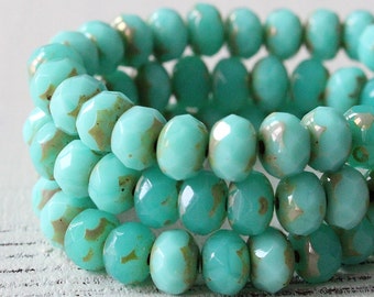 8x6mm Rondelle Beads - Czech Glass Beads - Jewelry Making Supply - Opaque Silky Turquoise Picasso - 6x8mm (10 or 25 bead strand)