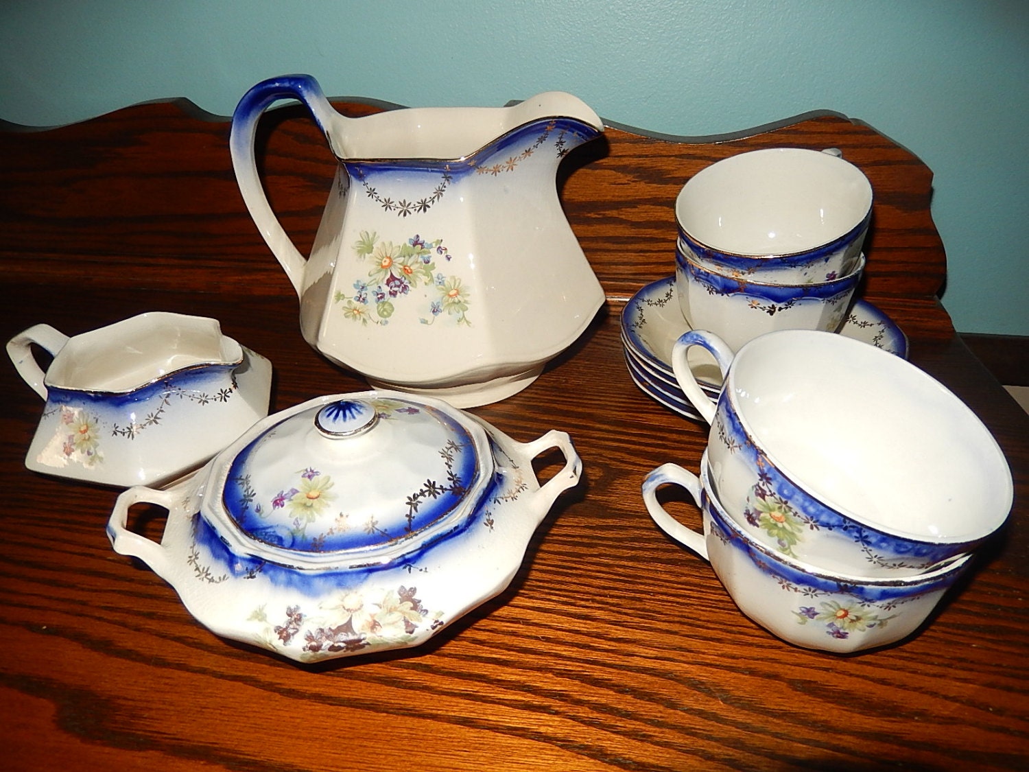 Vintage Limoges China Company Tea Set in White Cobalt Blue