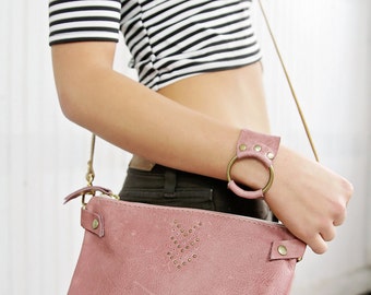 Leather Crossbody Purse - Cross Body Bag - With Chevron Micro Rivet Detail - In Mint Blush Saffron Indigo White and Many Other Colors