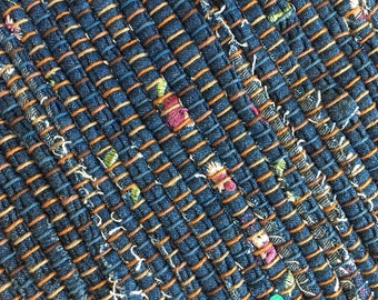 Hand Woven Table Runner - Denim with Purple Embroidery & Sequins 14" x 48"