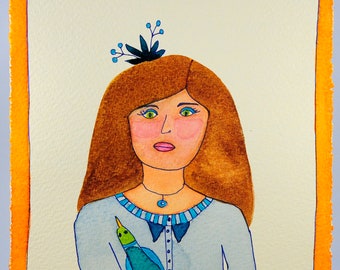 ORIGINAL The Protector, Woman with Bird, Strong Woman, Woman's Face, Mother's Day, Portrait Watercolor Painting