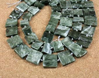 Seraphinite Flat Square Beads - Green Smooth Shiny Beads, 15mm