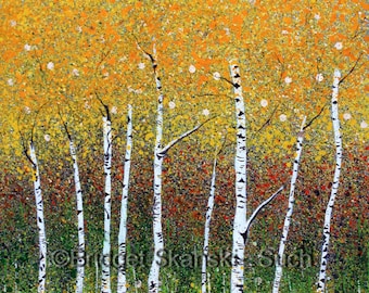 Sylvan/Limited Edition print/bridget skanski-such/trees/yellow/spatter painting/silver birch/leaves/forest/impressionist