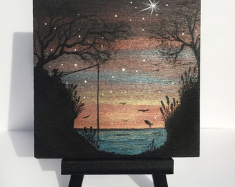 Fishermen at twilight - silhouette - miniature miniature limited edition print mounted on wood