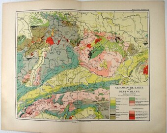 Original Geological Map of Germany in 1892 by Meyers. Antique Chromolithograph