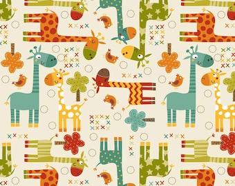 Laminated Cotton aka Oilcloth HEAVYWEIGHT splat mat Riley Blake bright giraffes on cream background choose your size