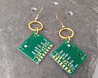 Gold Plated Circuit Board Earrings, Green and Gold, Recycled Upcycled Reclaimed Computer Parts, Geekery, Gifts for Geeks & Nerds
