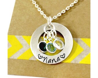 Birthstone Necklace, Nana Necklace Hand Stamped Name Necklace Small Washer Mothers Day - Hand Stamped Jewelry - Family Necklace - Mothers Ne