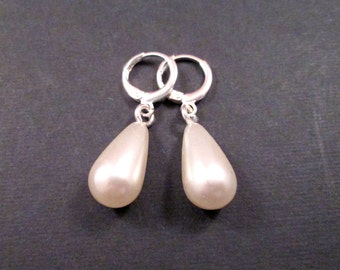 Pearl Earrings, White Faux Pearl and Silver Dangle Earrings, Lever Back Hoop Earrings, FREE Shipping U.S.
