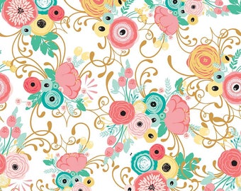 Just Sayin' Fabric Collection by Jen Allyson - My Mind's Eye - Riley Blake - By The Yard - Main Floral Print on White - C