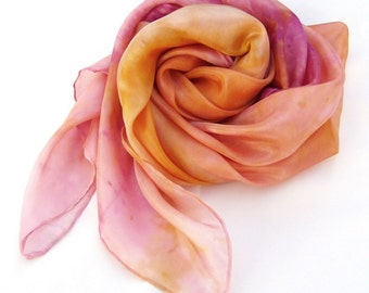 Gift for women hand painted silk scarf made in pink orange ombre silk fabric