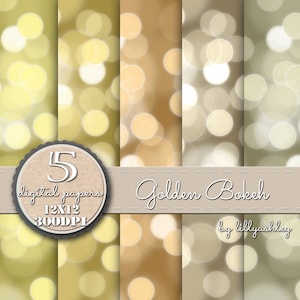 Digital Paper Pack of 5--12x12 JPG-Bokeh Backgrounds Photography printables Invites in Sparkly Gold Shades