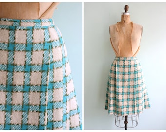 Vintage 1950's Turquoise Plaid Skirt | Size Medium