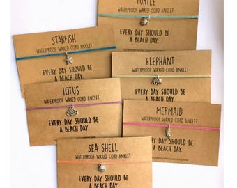 WATERPROOF ANKLET ~ Polyester Waxed Cord - Turtle Starfish Mermaid Shell Elephant Lotus Silver Charms ~Adjustable Macrame Knot ~ 16 COLORS