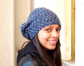Crochet Slouchy Hat, Women, Men, Teen, Blue, Multicolor, Tam, Merino Yarn,