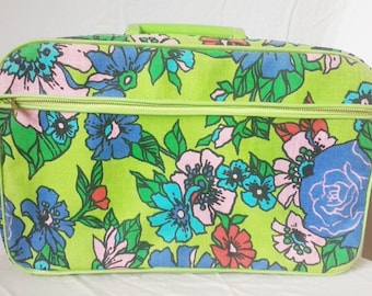 Vintage Mid Century Mod Suitcase Flower Power Green Floral Overnight Bag 14"× 9"