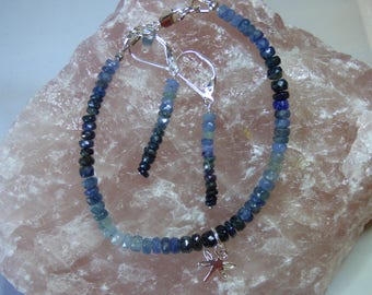 Shades of Blue Sapphire. Sterling Silver Bracelet and Earrings.