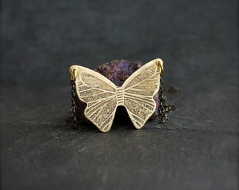 Etched Butterfly Pendant Necklace - No.3, Gold Brass, Bown Oxidized Patina, Nature Jewelry, Boho Bohemian Jewelry