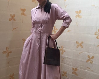 1950s moire taffeta flared skirt dress with rhinestone buttons