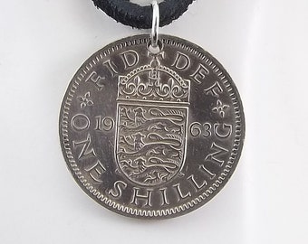1963 English Coin Necklace, 1 Shilling, Mens Necklace, Womens Necklace, Coin Pendant, Leather Cord, Vintage