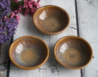 Three Small Rustic Ceramic Bowls In Amber Glaze Handmade Stoneware Bowls Ready to Ship Made in USA