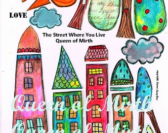 Street Where You Live instant download whimsical houses trees neighborhood house mixed media collage art journal zetti scrapbooking