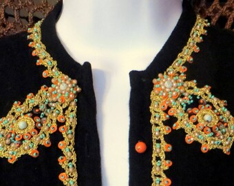 50s Cashmere Sweater with MetallicBraid/Beads/Sequins