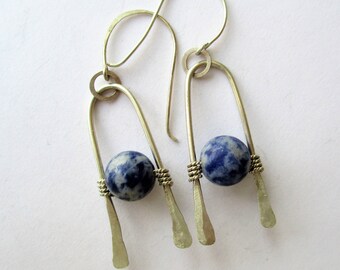 Lapis Lazuli Earrings, Denim Lapis and SS Earrings, Sterling and Lapis Dangles, Lapis and SS Drop Earrings, Hammered SS and Lapis earrings