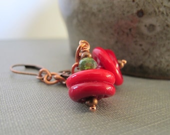 Glass Earrings, Copper Earrings, Deep Red, Red and Green, Copper Chain, Lampwork Glass, Czech Glass, Copper Jewelry,
