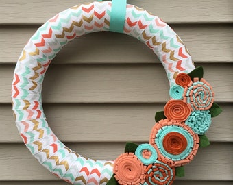 Spring Wreath - Easter Wreath - Chevron Wreath - Felt Flower Wreath - Spring Decor - Spring Felt Wreath - Felt Wreath - Yarn Wreath - Wreath