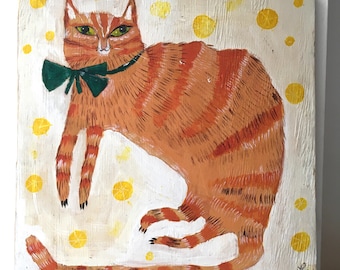 Painting on reclaimed wood of a ginger tabby cat