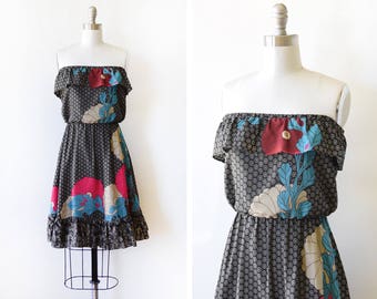 70s black floral dress, vintage strapless ruffled dress, 1970s disco dress, 80s mini dress, extra small xs