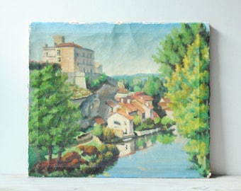 Vintage Oil Painting, River Scene Landscape Painting, European Town Painting