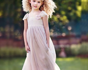 Flower girl dress, Flower girl dresses, Blush mauve pink Lace Flower girl dress, rustic flower girl dress, tulle flower girl lace dresses