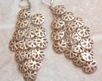 Sand Dollar Earrings Large Sequins Coins Disks Chandelier Gold Tone Lever Back Wires V0745