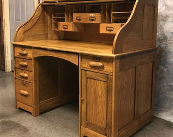 4'6" Oak Rolltop Office Desk Vintage Table Arts Crafts Danish Modern Mid Century, Rolltop Desk, Vintage Roll Top Desk, Office Desk
