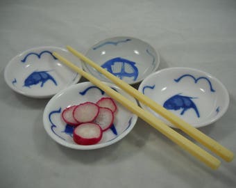 Condiment Set Four Small Bowls Blue & White Carp Dishes Sushi Set/Finger Bowls/Dipping Dish/Soy Sauce Bowls/Housewarming/Christmas/New Years